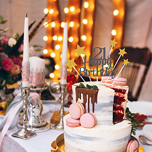 Black Gold 21st Birthday Cake Topper with Glittery Stars (7 Count)