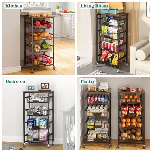 5 Tier Vegetable Fruit Basket Kitchen Storage Rolling Cart on Wheels with Pull