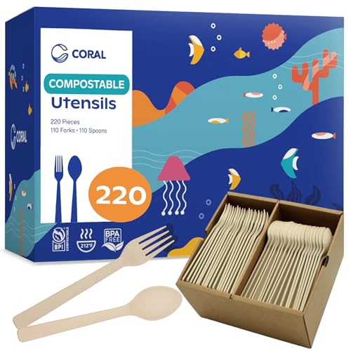 Light Brown Compostable Heavy Duty Spoons & Forks Set 220 Pieces Bulk (220 Count)