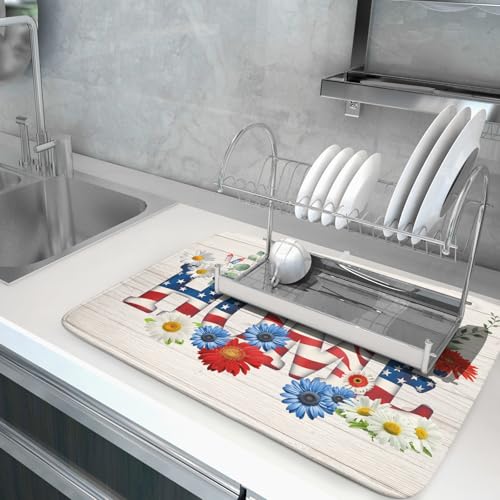 American Flag Dish Drying Mat Home Flowers Absorbent Dishes Pad for Kitchen Counter 18 X 24 In