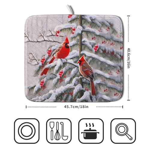 Red Birds Dish Drying Mat Winter Berry Dish Drainer Mats Absorbent Reversible Microfiber Kitchen Countertop Protector Dishes Pad 16x18 inch