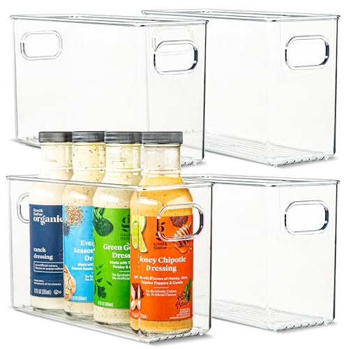 Plastic Food Storage 4 Pack Clear Container Bin with Handles for Organizing Kitchen