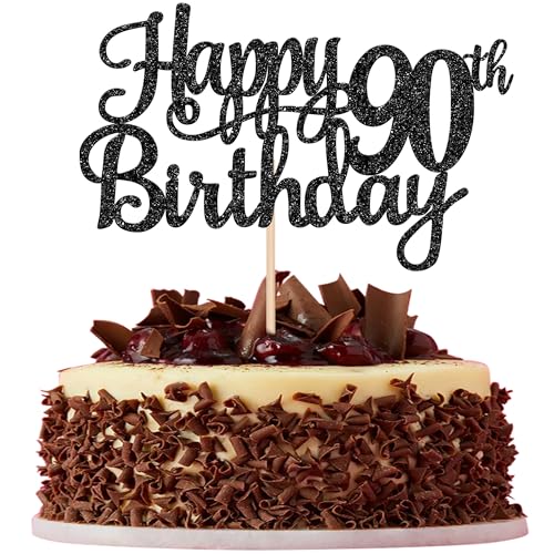 1 PCS Happy 90th Birthday Cake Topper Glitter Cheers to 90 Years Birthday Cake Pick 90 Fabulous Cake Decoration for Happy 90th Birthday Theme Party Decorations Supplies Black