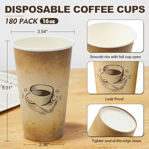 180 Pack 16 oz Coffee Cups Disposable Hot Paper Cups (180 Count)