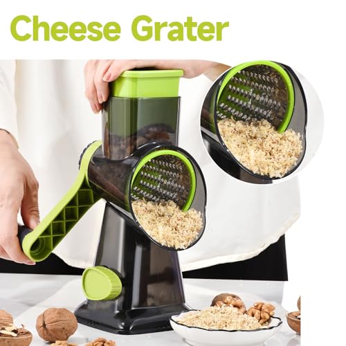 Rotary Cheese Grater with Handle Kitchen Shredder Slicer Grater Slicer Ice Shaver Cheese Vegetable Nuts Potato Zucchini Chocolate 3 Interchangeable Blades