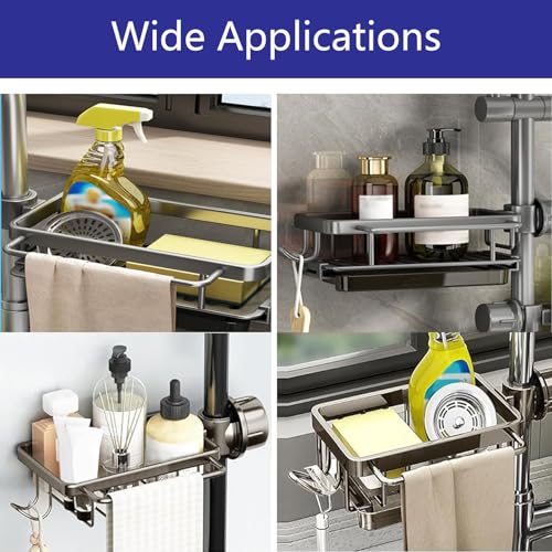 Kitchen Sink Faucet Organizer Multifunction Sponge Holder Organizer Sink Drain Holder Over Faucet Kitchen Sink Caddy with Hook Adjustable for 0.7