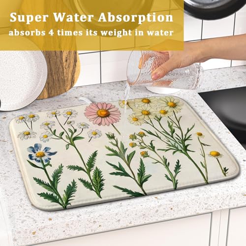 Vintage Wildflowers Dish Drying Pad Daisy Floral Microfiber Drainer Rack for Coffee Bar 16 X 18 Inch