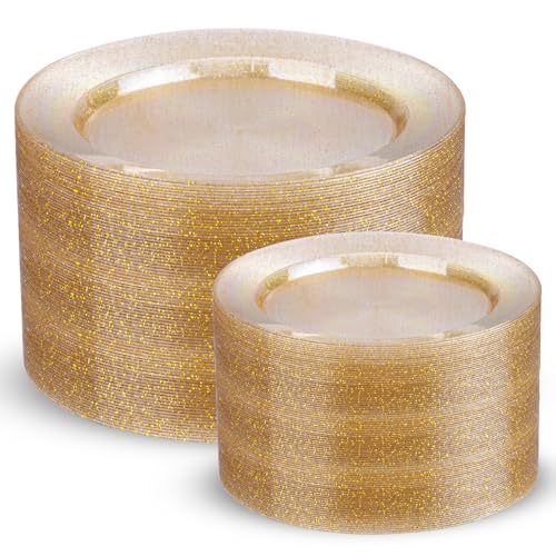 200 Pcs Gold Glitter Plastic Plates (200 Count)