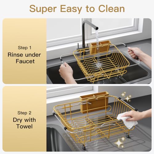 Gold Dish Drying Rack in Sink with Utensil Holder