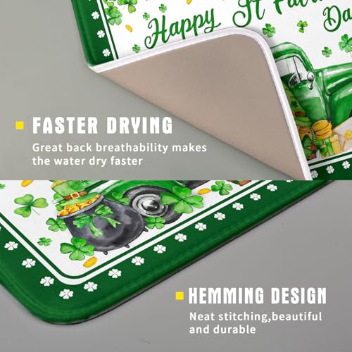 Shamrock Gnome Truck Dish Drying Mat Lucky Clover Dish Drainer Mat 16x18 inch Absorbent Fast Dry Pad for Kitchen Counter Coffee Bar Decor