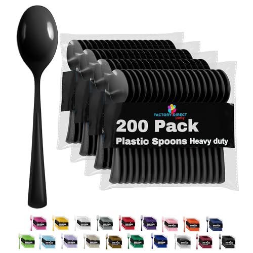 Party Solids Black Plastic Spoons 200 Pieces Black Spoons Disposable Utensils Heavy Duty Plastic Cutlery Set Disposable Cutlery Sets Flatware Sets Silverware Set Party Supplies & Party Tableware (200 Count)