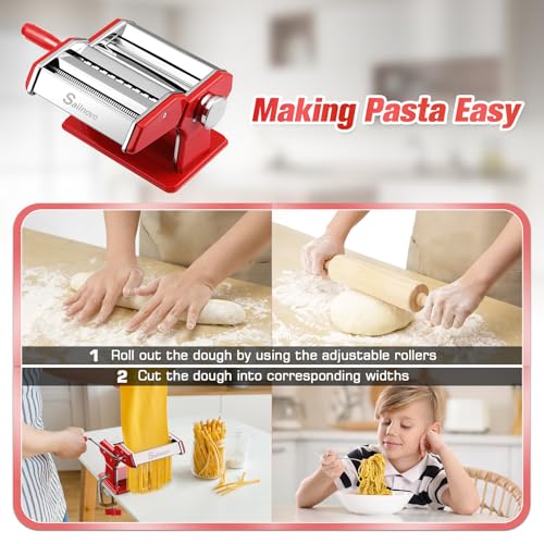 3-in-1 Pasta Maker with 9-Setting Pasta Roller & Cutters, Red