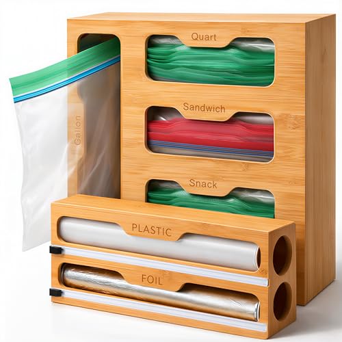 Bamboo Food Storage Bag Organizer for Drawer with Foil & Plastic Wrap Dispenser