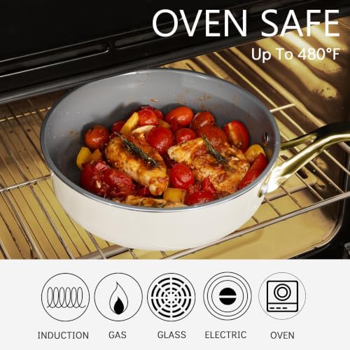 10-in-1 White Ceramic Nonstick Deep Saute Pan Set With Steamer & Lid, 4QT