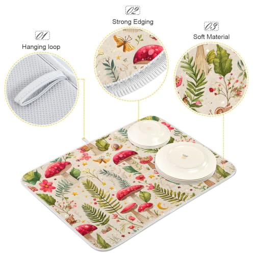 Mushroom Forest Fern Leaves Dish Drying Mat for Kitchen Counter Absorbent Microfiber Drying Pad