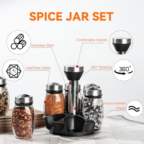 6 Pack Spinning Glass Spice Jars with Organizer Rack for Countertop (4.2329 Ounce)