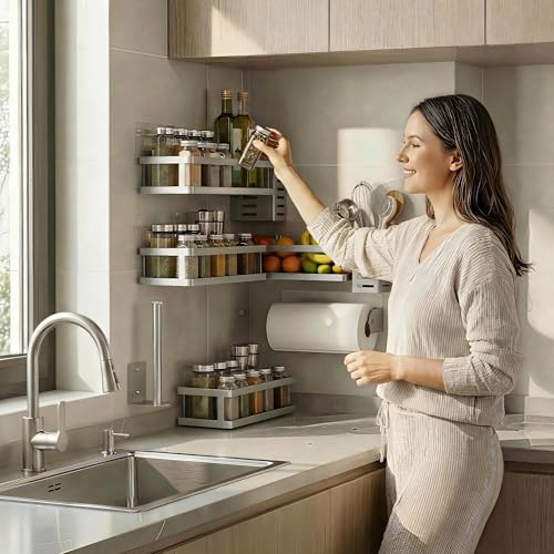 5-in-1 Shower Caddy & Kitchen Organizer Set, Wall Mount Wide Spice Rack with Paper Towel Holder, Utensil Holder, Soap Dish, Rustproof Mesh Baskets Hold 50LBS - Silver Gray, Guardrail