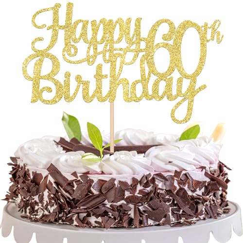 1 PCS Happy 60th Birthday Cake Topper Gold Glitter Cheers to 60 Years Birthday Cake Pick 60 Fabulous Cake Decoration for Happy 60th Birthday Anniversary Party Decorations Supplies