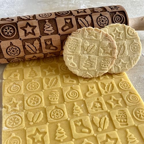 CHRISTMAS FEST 3 Mini Embossed Rolling Pin Set. Wooden Laser Engraved Textured rolling pins for Cookies