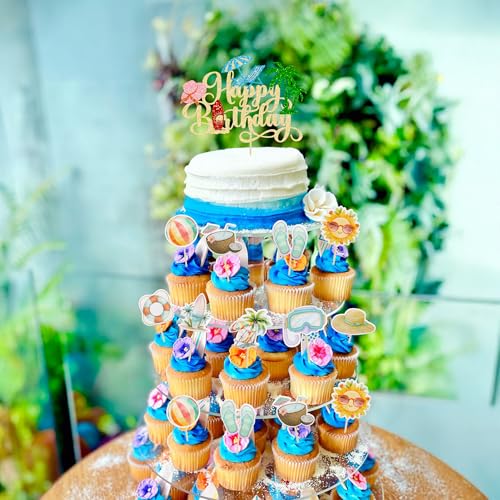 37Pcs Summer Beach Pool Cupcake Toppers Glitter Beach Happy Birthday Cake Topper Ball Sun Umbrella Water Gun Cupcake Picks for Tropical Hawaii Theme Birthday Party Decorations Supplies Gold (37 Count)