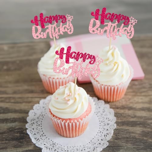 24Pcs Happy Birthday Cupcake Toppers Double Layer Glitter Happy Birthday Cake Decorations for Celebrating Baby Shower Theme Kids Boys Girls Birthday Anniversary Party Supplies Rose Red Pink (24 Count)