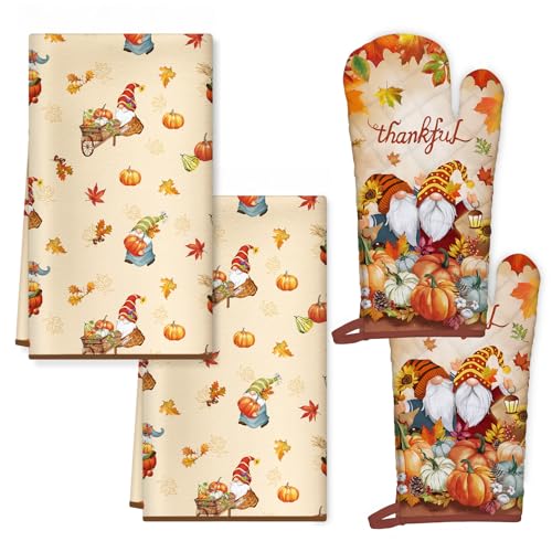 Thanksgiving Gnome Kitchen Towels and Oven Mitts Set (4 Count)