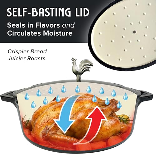 MUELLER HOME 5.5 Quart Enameled Cast Iron Oval Dutch Oven with Rooster Knob & Cotton Potholders