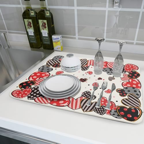 Red Heart Dish Drying Mat 18"x24" Love Dots Microfiber Dish Drainer Rack Mat Holiday Absorbent Fast Dry Pad for Kitchen Counter Home Decor
