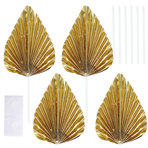 6Pcs Paper Palm Fan Cake Toppers Palm Spear Leaves Fan Cupcake Toppers Cake Insert Decorations Craft DIY Cake Bakeware Decoration for Birthday Party Wedding Party Decor Supplies Light Gold (6 Count)