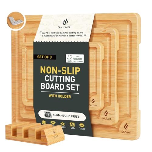 Bamboo Cutting Board Set Non Slip Feet with Holder Over Sink Kitchen Gadgets Seller 2025 First Apartment Must Haves Things Stuff Accessories House Warming Decor Housewarming Hostess Host Gifts (3 Count)
