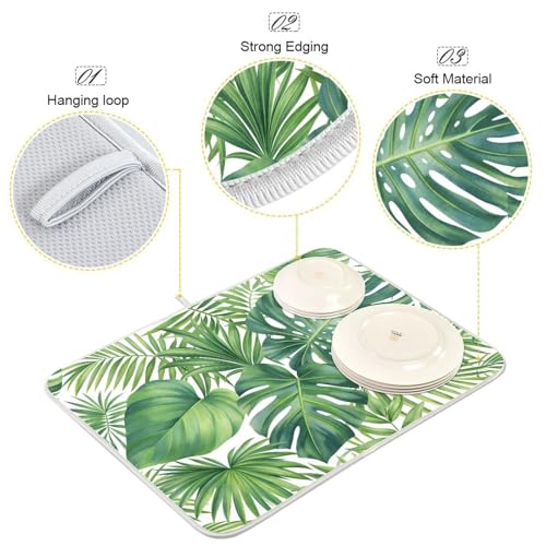 Green Monstera Palm Leaves Dish Drying Mat for Kitchen Counter Absorbent Microfiber Drying Pad