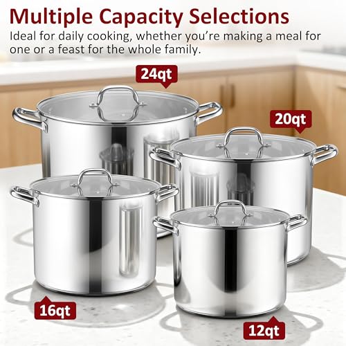 16-Quart 18/10 Stainless Steel Stock Pot with Lid, Large Heavy Duty Soup Pot Compatible with Electric, Gas, Induction and Gas Cooktops, Non-Toxic & Corrosion Resistant, Dishwasher Safe