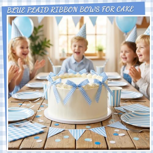 30 Pack Bow Cake Toppers Blue Gingham Ribbon Bows for Cake (30 Count)