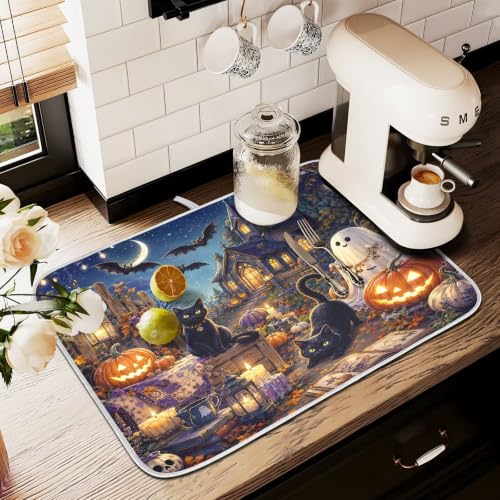 Halloween Night Scene Dish Drying Mat for Kitchen Counter Absorbent Microfiber Large Drying Pad Cats Ghost Dish Mats for Kitchen Countertops 18 x 24 Inch