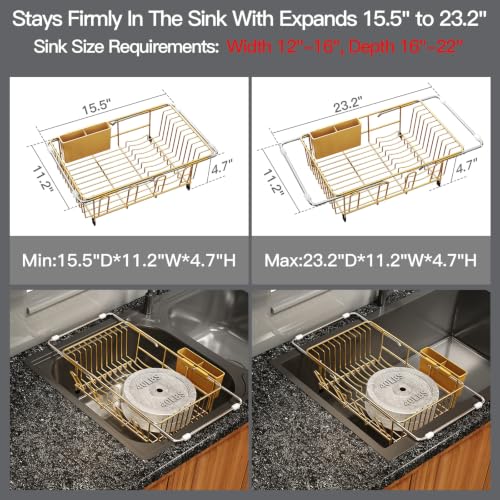 Gold Expandable Dish Drying Rack Over Sink with Anti