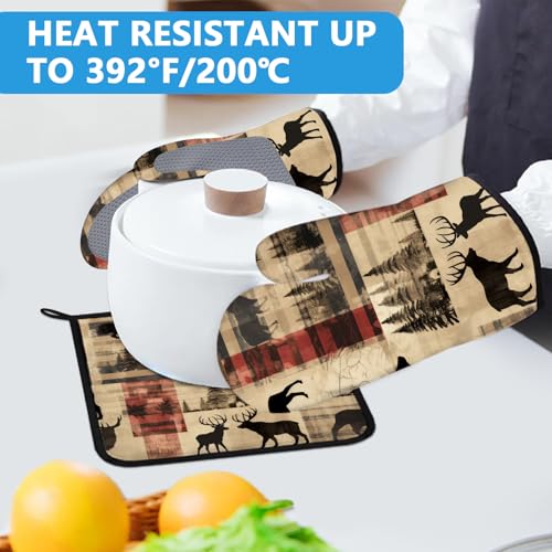 Deer and Bear Oven Mitts and Pot Holders Sets Heat Resistant 4Pcs Wild Animal Potholders Oven Gloves Hot Pads for Kitchen Baking Cooking Grilling BBQ (4 Count)