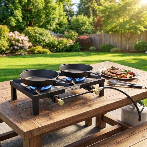 Propane Double Burner Angle Iron Camp Stove with CSA Listed Regulator and 4ft Hose
