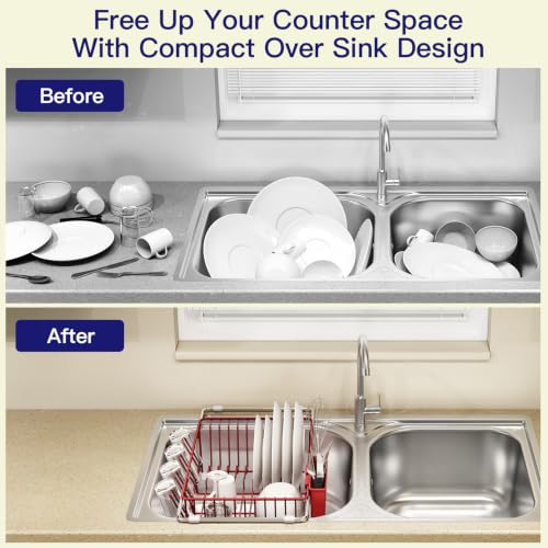 Red Expandable Dish Drying Rack Over Sink with Extra Drainboard