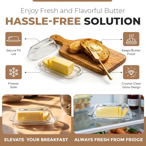 Clear Glass Butter Dish with Lid for Countertop & Refrigerator