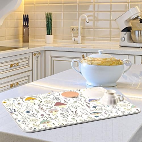 Cute Mushroom Wild Plant Dish Drying Mat for Kitchen Counter Absorbent Microfiber Drying Pad