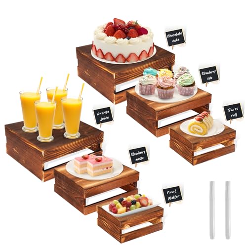 6 Piece Rustic Wood Buffet Risers with Mini Signs for Dessert Table (6 Count)