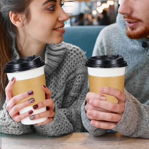 100 Pack 16 oz Disposable Coffee Cups With Lids and Sleeves (100 Count)