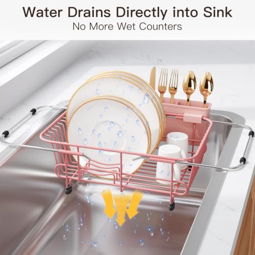 Pink Dish Drying Rack in Sink with Utensil Holder