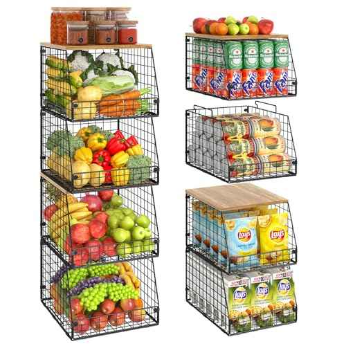 4 Pack Stackable Wire Baskets with Fixed Wooden Top (4 Count)