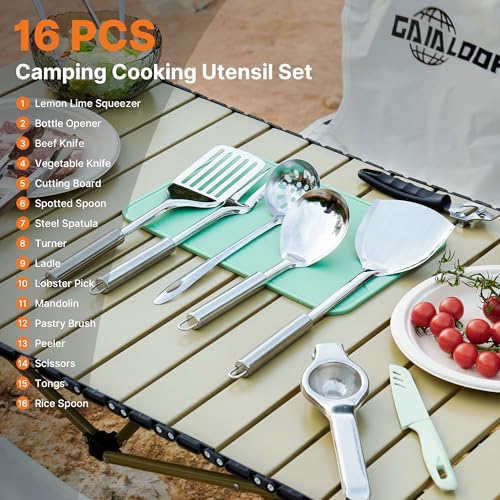 Camping Cooking Utensils Set 16 PCS Camp Kitchen Cookware Kit with Organizer Bag