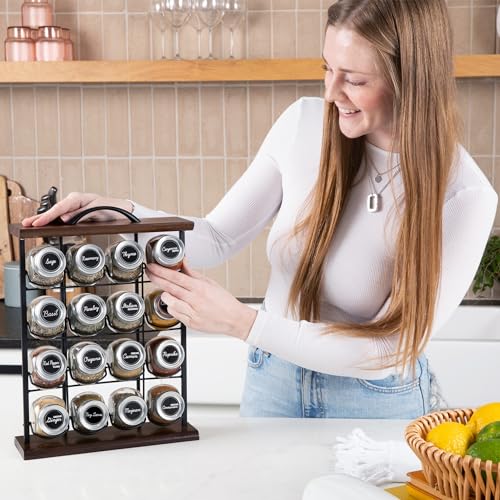16 Jar Acacia Wood Vertical Spice Rack with Spices Included & 5