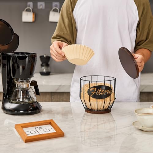 Metal Coffee Filter Storage Holder with Wooden Lid for 8