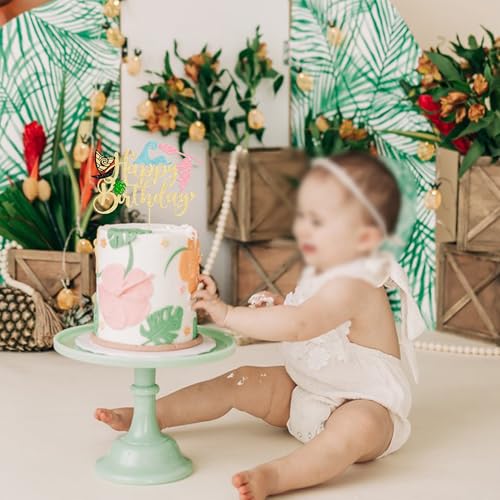 1Pcs Summer Cake Topper Glitter Tree Flower Happy Birthday Cake Pick Decoration for Tropical Hawaiian Luau Theme Baby Shower Kids Birthday Party Cake Decorations Supplies Gold