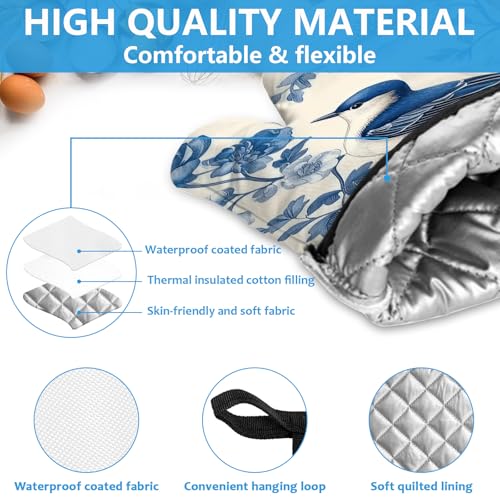 Blue Bird Blooming Flower Oven Mitts and Pot Holders Sets Heat Resistant 4Pcs Potholders Oven Gloves Hot Pads for Kitchen Baking Cooking Grilling BBQ (4 Count)