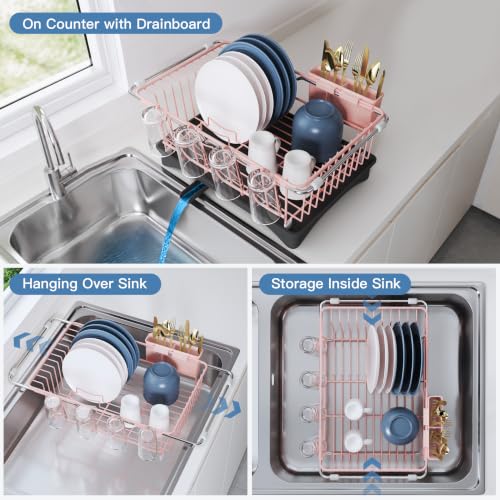 Pink Dish Drying Rack in Sink with Drainboard and Utensil Holder
